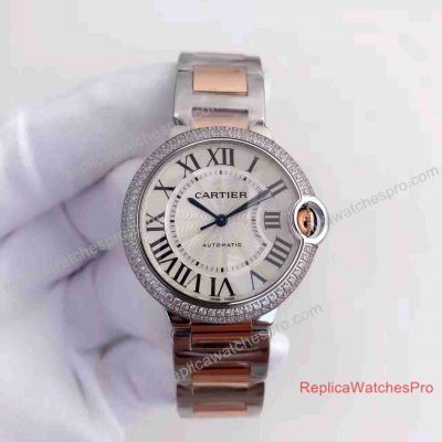 Replica Cartier Ballon Bleu De 2-Tone Rose Gold Silver Dial Diamond Bezel Mens Watch